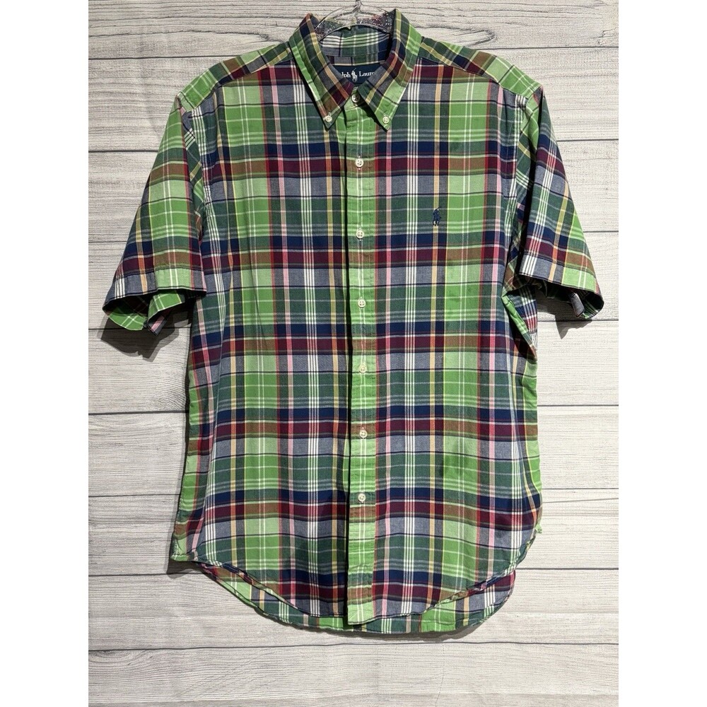 Ralph Lauren Shirt Men SZ LARGE Button Down Green Blue Plaid Purple Pony